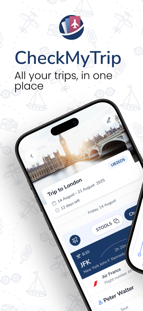 CheckMyTrip app displaying a consolidated travel itinerary for a trip to London.