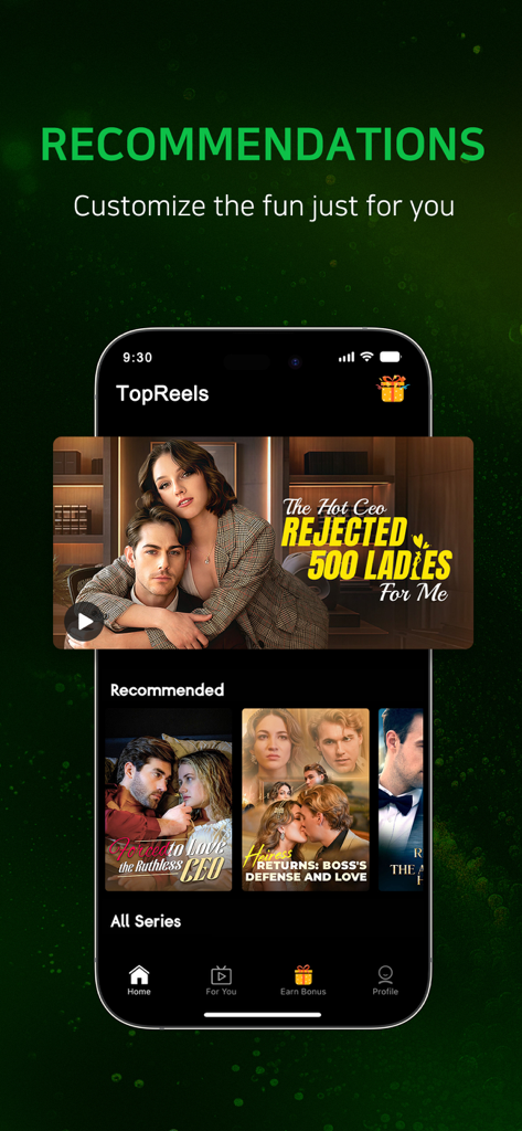 Schermata di raccomandazioni dell'app mobile TopReels con serie drammatiche romantiche e tra CEO in formato breve