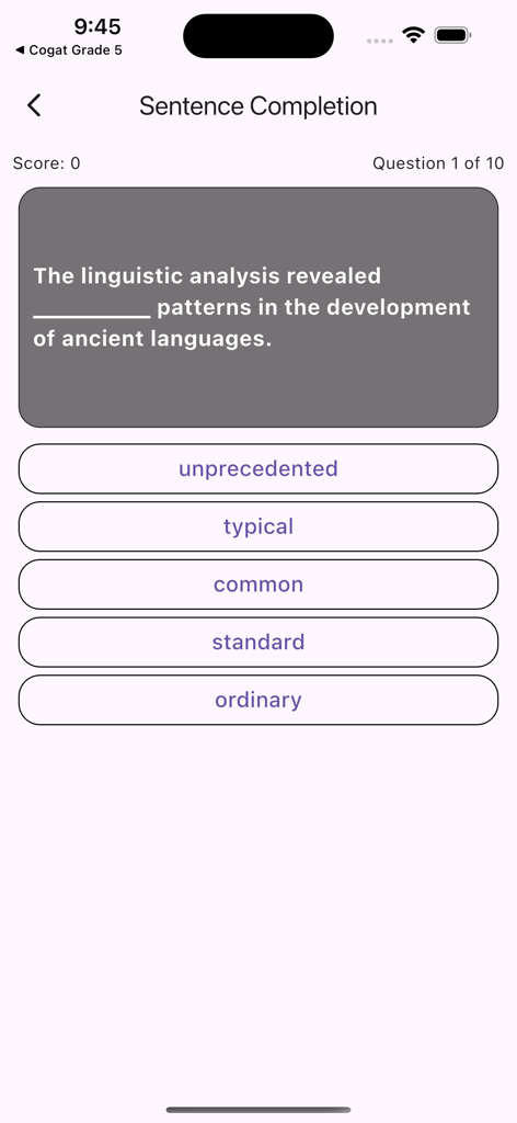 COGAT for Grade 6 - Screenshot of the COGAT Grade 6 app showing a sentence completion question for verbal skills practice.