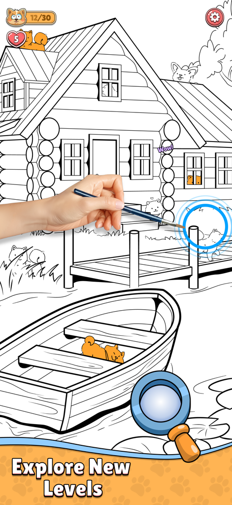 Find the Dog: Hidden Objects! - A hand-drawn black and white cabin scene where players find hidden orange dogs.