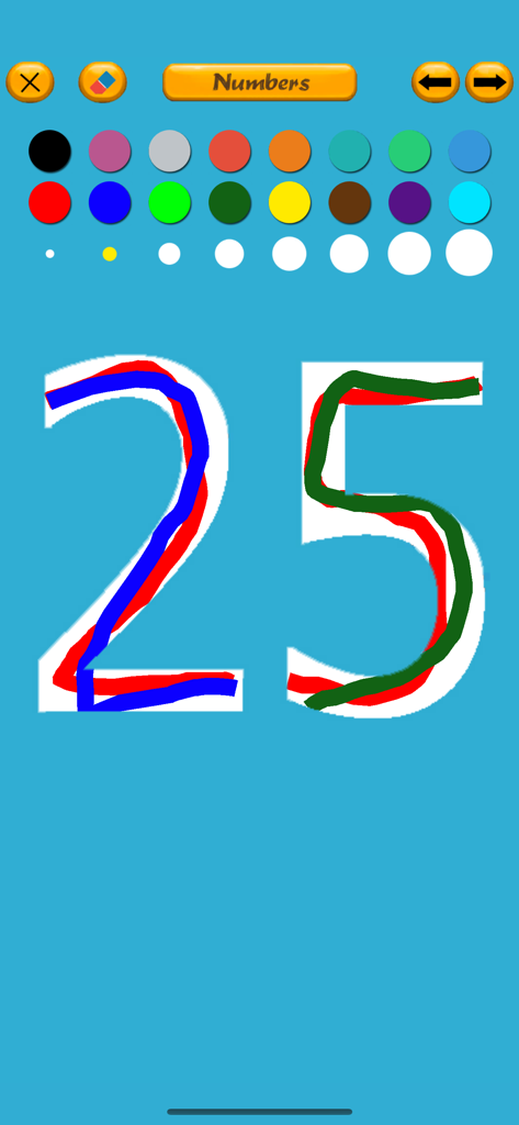 Letter Tracing for English - Interface of the Letter Tracing for English app showing the number 25 being traced with multiple colors