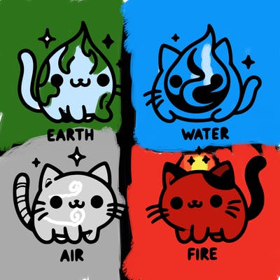 4 cats that represent the different elements, earth, water, air, and fire
