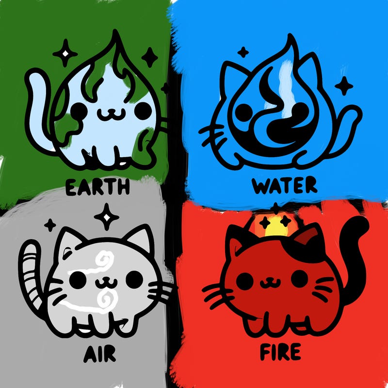 4 cats that represent the different elements, earth, water, air, and fire