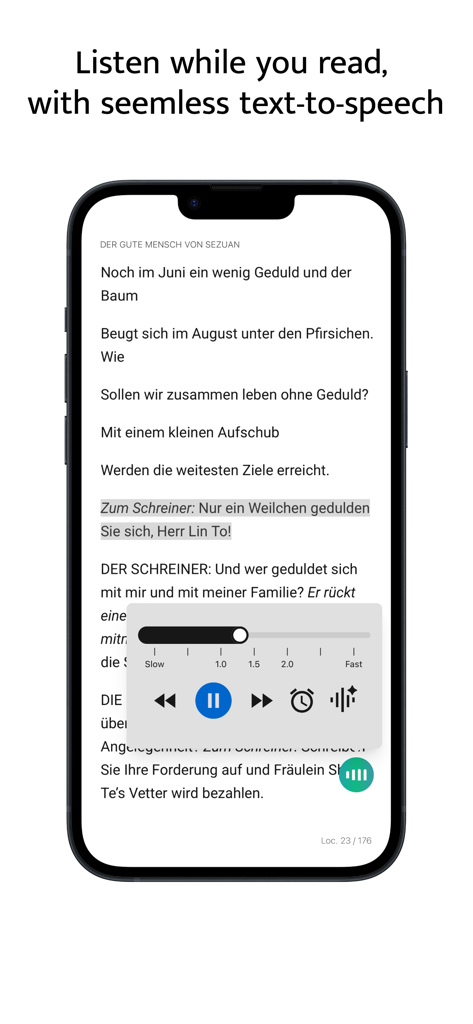 Readest - eBook Reader - Smartphone screen showing the text to speech interface of the Readest app with playback controls over an ebook