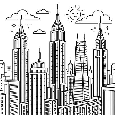 Dive into an urban adventure with this exciting megatall skyscrapers coloring page for kids! Young artists will love bringing this bustling cityscape, complete with towering buildings and a friendly sun, to life with their favorite colors.