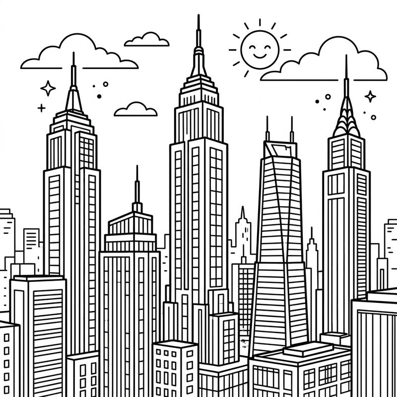 Dive into an urban adventure with this exciting megatall skyscrapers coloring page for kids! Young artists will love bringing this bustling cityscape, complete with towering buildings and a friendly sun, to life with their favorite colors.