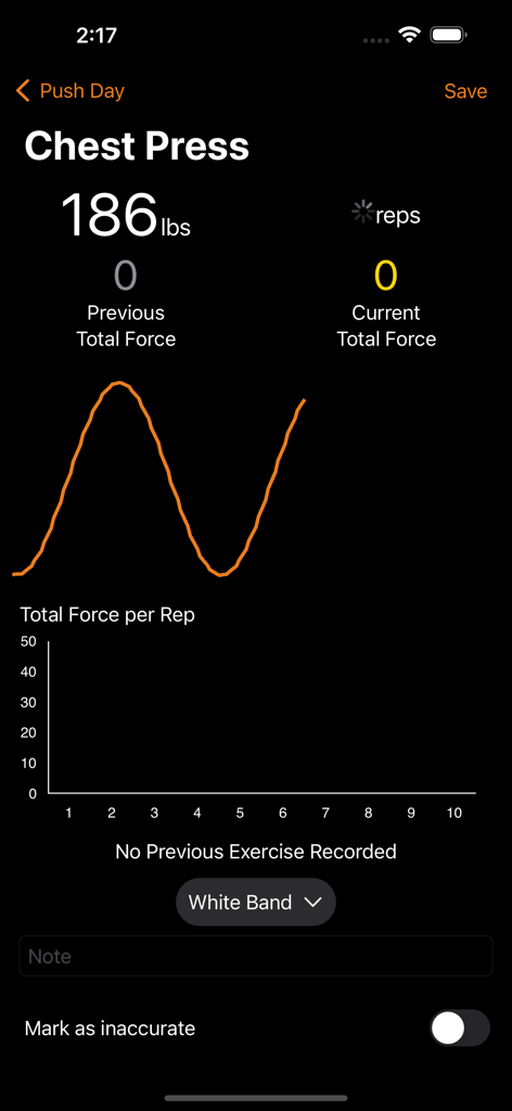 X3 Force - X3 Force app interface showing chest press workout tracking with real time force data and metrics