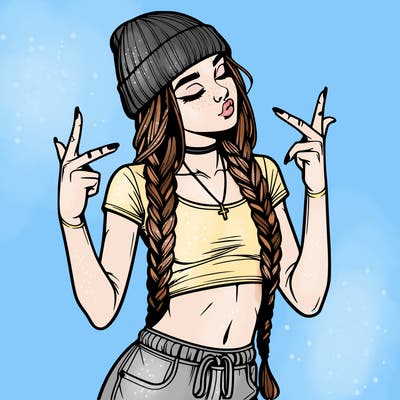 realistic teenage girl with braids and a beanie and crop top doing 🫶🏼