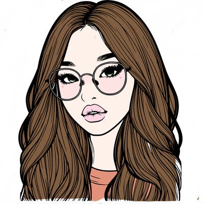 realistic korean girl with long hair, glasses and big lips