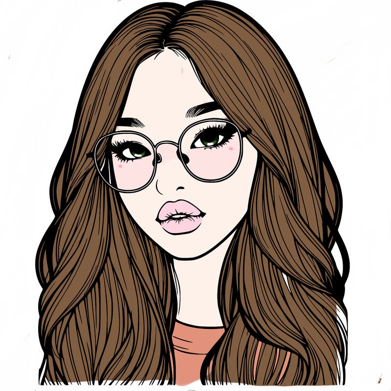realistic korean girl with long hair, glasses and big lips