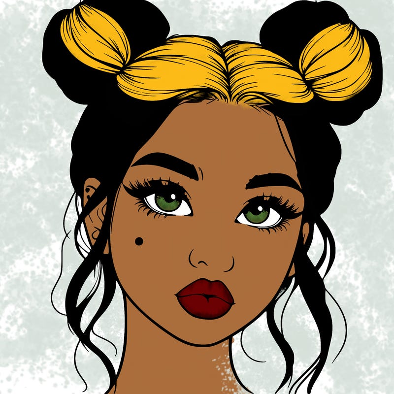 realistic girl with two buns on her hair and lips