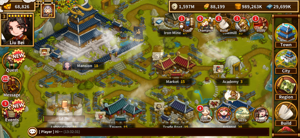 Gameplay screenshot of the city building and strategy management screen in Three Kingdoms The Shifters