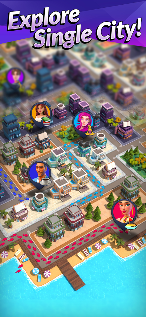 Isometrische Stadtkartenansicht im Single City Social Life Sim, die städtische Gebäude und eine Strandseite zeigt