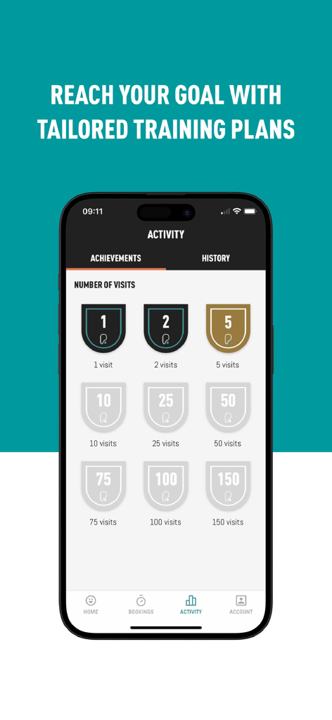 Pure Fitness app screen showing gym visit achievement badges and tailored training goals tracker