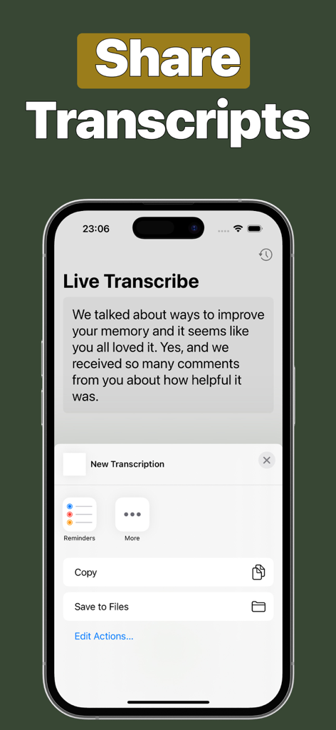 Live Transcribe Speech tо Text - Live Transcribe app interface on an iPhone showing options to copy or save a text transcript