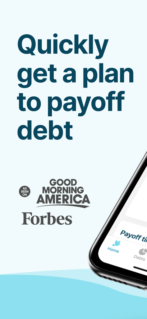 Debt Payoff Planner app promotional screen with endorsements from Good Morning America and Forbes
