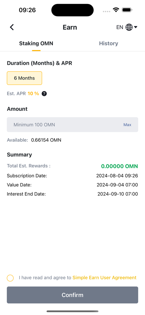 Omega Network app interface for staking OMN tokens with estimated APR and duration