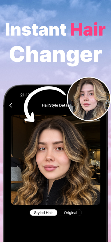AI Hairstyle Changer: VibeHair - A woman using the VibeHair app to instantly change her hairstyle and hair color with AI.