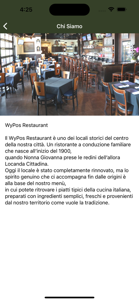 Wydelivery Cloud - Screenshot of the About Us page for a local restaurant on the Wydelivery Cloud app showing the dining area and history