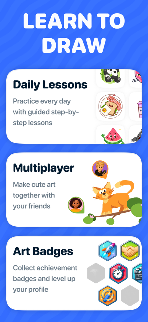 Drawly: Learn to Draw Together - Drawly App-Oberfläche, die tägliche Zeichenlektionen, Multiplayer-Kunst mit Freunden und sammelbare Erfolgsabzeichen zeigt.
