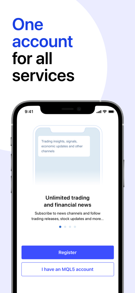 Pantalla de incorporación para la aplicación MQL5 Channels destacando noticias financieras y de trading ilimitadas con una sola cuenta
