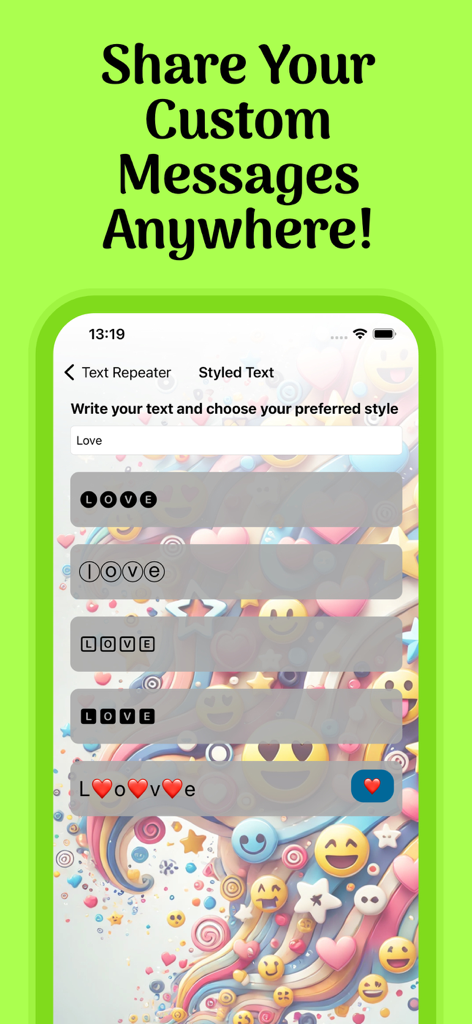 Text Repeater & Stylish Fonts - Interfaz de una aplicación de fuentes que muestra diferentes estilos decorativos para la palabra Amor, incluyendo letras en círculos y acentos de emoji