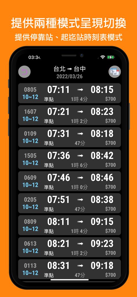 高鐵時刻表：台灣下一班高鐵時刻表 - 대만 고속철도 시간표 앱 인터페이스, 타이베이에서 타이중까지의 열차 시간표, 출발 시간 및 요금 정보 표시