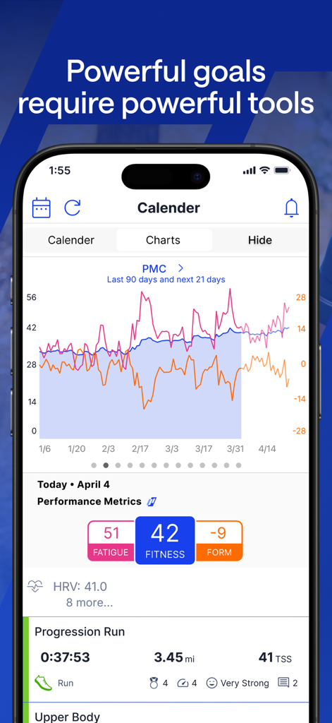 TrainingPeaks App zeigt eine Leistungsmanagement-Chart mit Daten zu Fitness, Ermüdung und Form für Ausdauertraining
