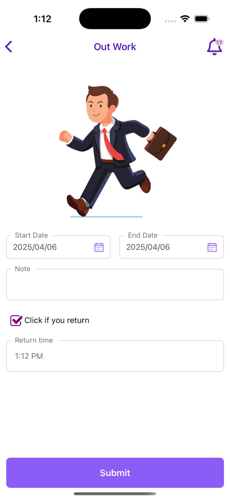 Smart HRM - Smart HRM mobile app screen for logging out of office work sessions featuring date and time selectors and a note field.