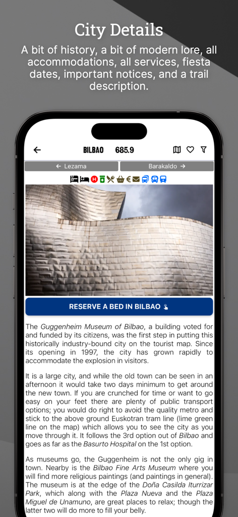 Wise Pilgrim Camino del Norte - Wise Pilgrim app screen showing Bilbao city information including historical sites and accommodation booking options