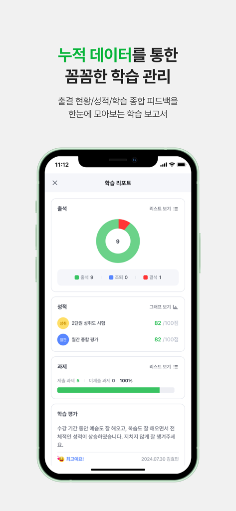 랠리즈(Rallyz) – 간편한 학원생활 플랫폼 - Ein mobiler App-Bildschirm mit einem umfassenden akademischen Lernbericht für Schüler mit Anwesenheitsdiagrammen, Notenverfolgung und Lehrerfeedback.