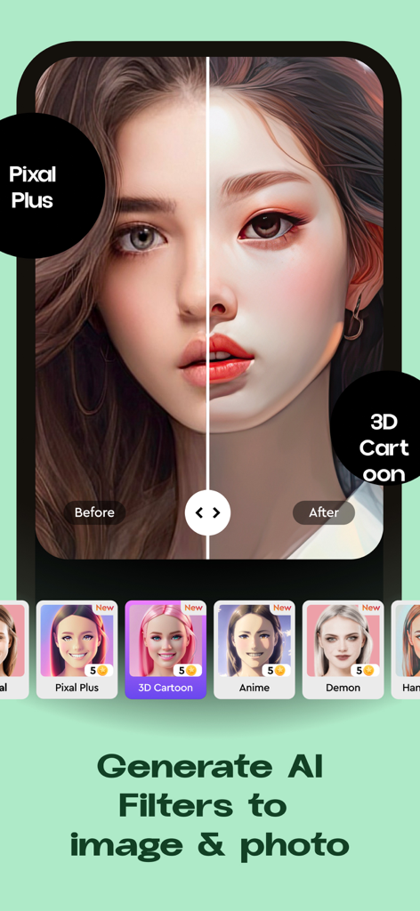 Before and after comparison of a woman's face using an AI 3D cartoon filter