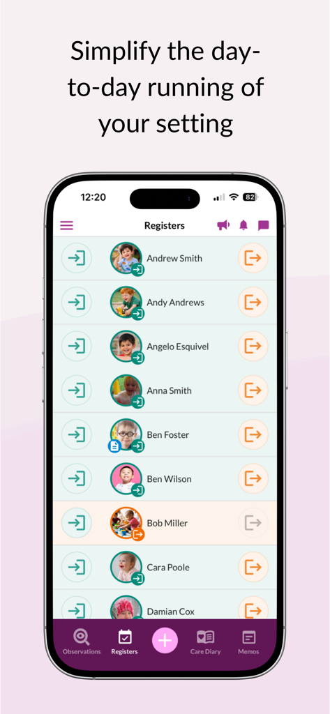 Tapestry Education Platform app showing the attendance register screen with a list of children and their profile photos