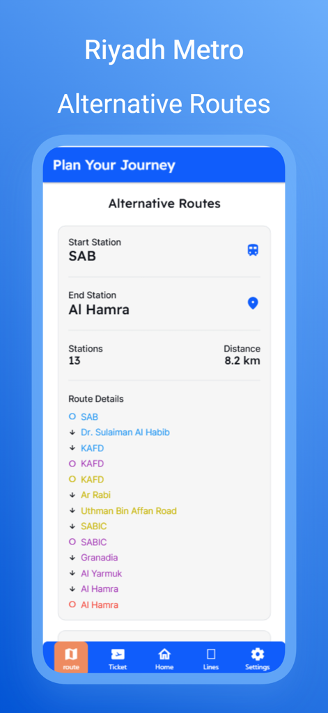 Riyadh Metro app interface showing a planned route from SAB to Al Hamra station with station names and line colors