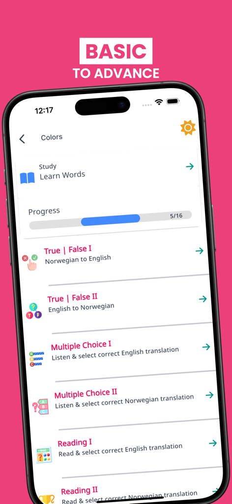 Norwegian Learning: Beginners - A screen showing various study and quiz modes in the Norwegian language learning app