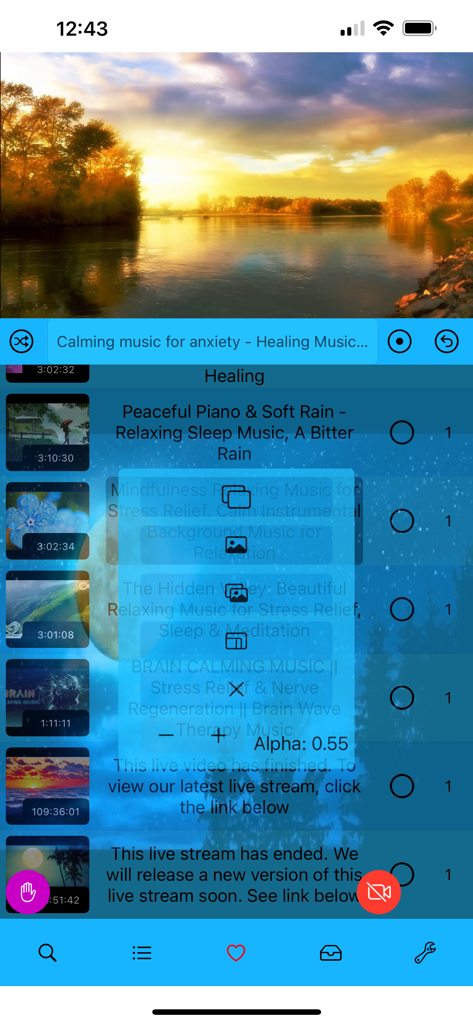 BluePlayer interface showing a video playback window and a relaxing music playlist with transparency controls.