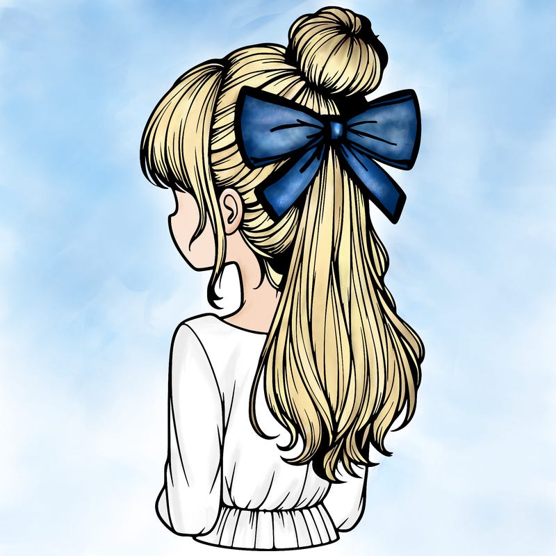 realistic girl  with hip length hair a bun and a big bow on the back of head
