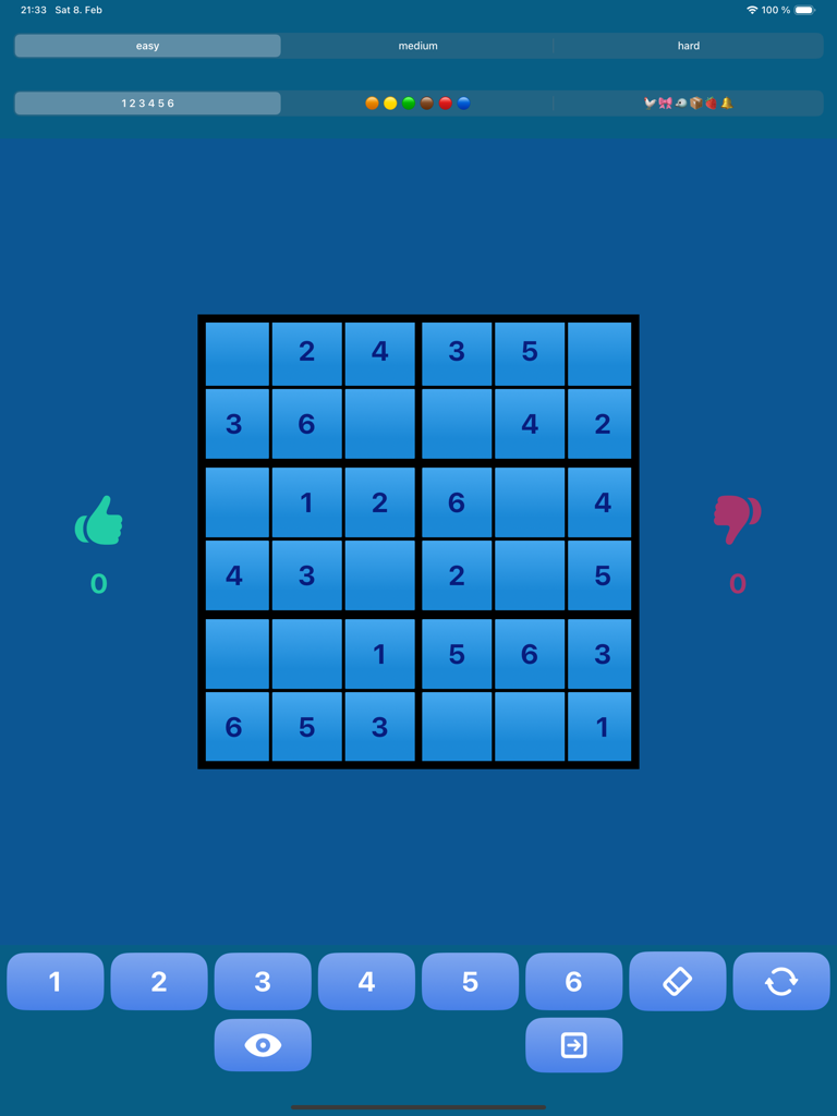Sudoku6x6 (4Kids) - A 6x6 Sudoku grid for children showing a numerical puzzle on a blue background with interactive game buttons.