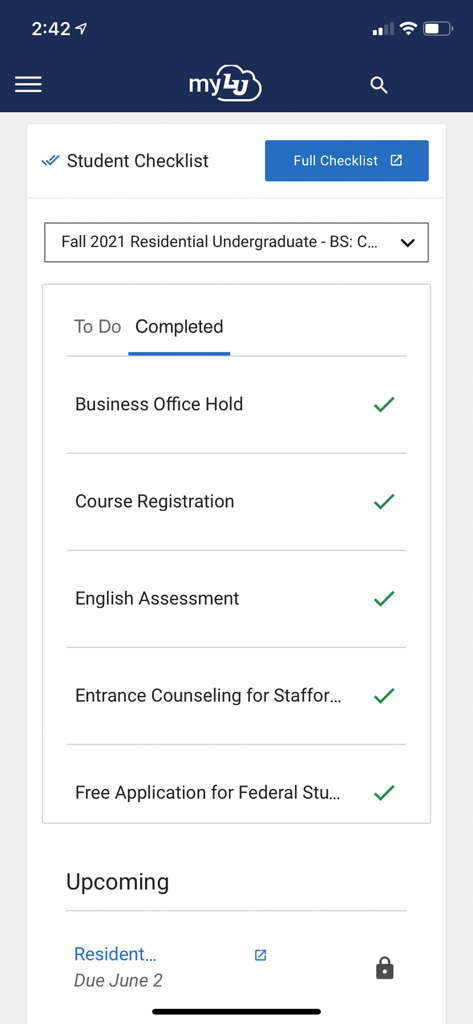 myLU - myLU app student checklist displaying completed enrollment tasks