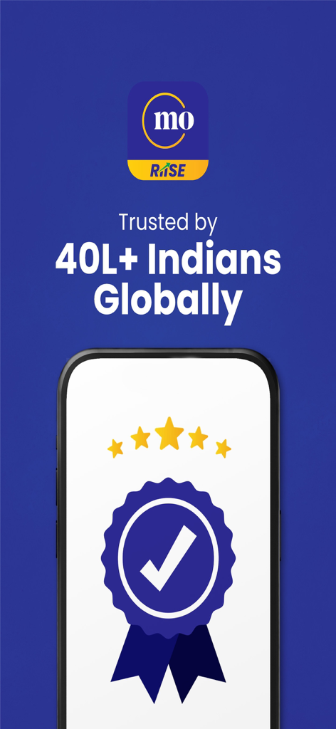 RIISE: Stocks by Motilal Oswal - RIISE app showing trust indicator with 40L plus Indian users globally and a five star rating