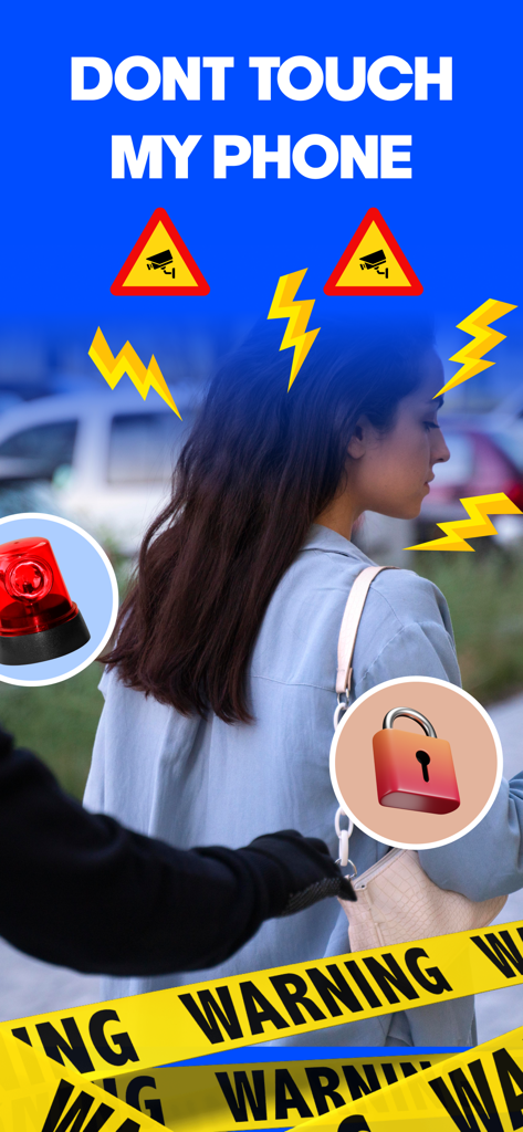 WTMP & Who Touched My Phone - Security app illustration showing a woman protecting her phone with siren and motion alarm icons