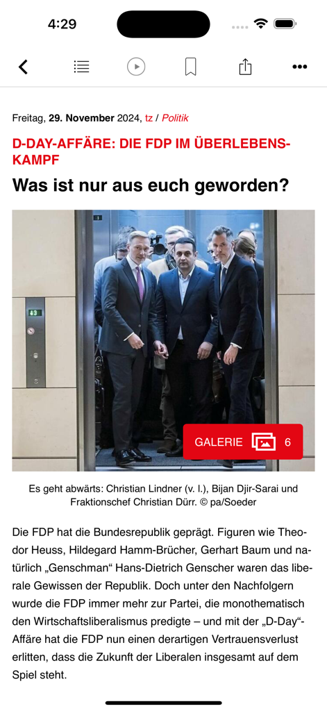 Screenshot of a German political news article in the tz ePaper mobile app