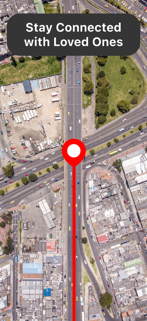 Phone Tracker - GPS Location. - 빨간색 위치 핀과 "사랑하는 사람들과 연결 유지"라는 텍스트가 표시된 도시 도로의 항공 보기