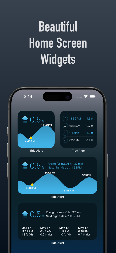 Tide Alert (NOAA) - Tide Chart - Tide Alert app widgets on an iPhone home screen displaying tide charts and water levels