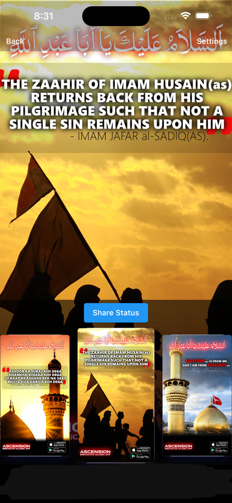 Ascension (Islamic App) - Shia - Interface of the Ascension Shia app showing a share status feature with a religious quote about Imam Husain and pilgrimage imagery