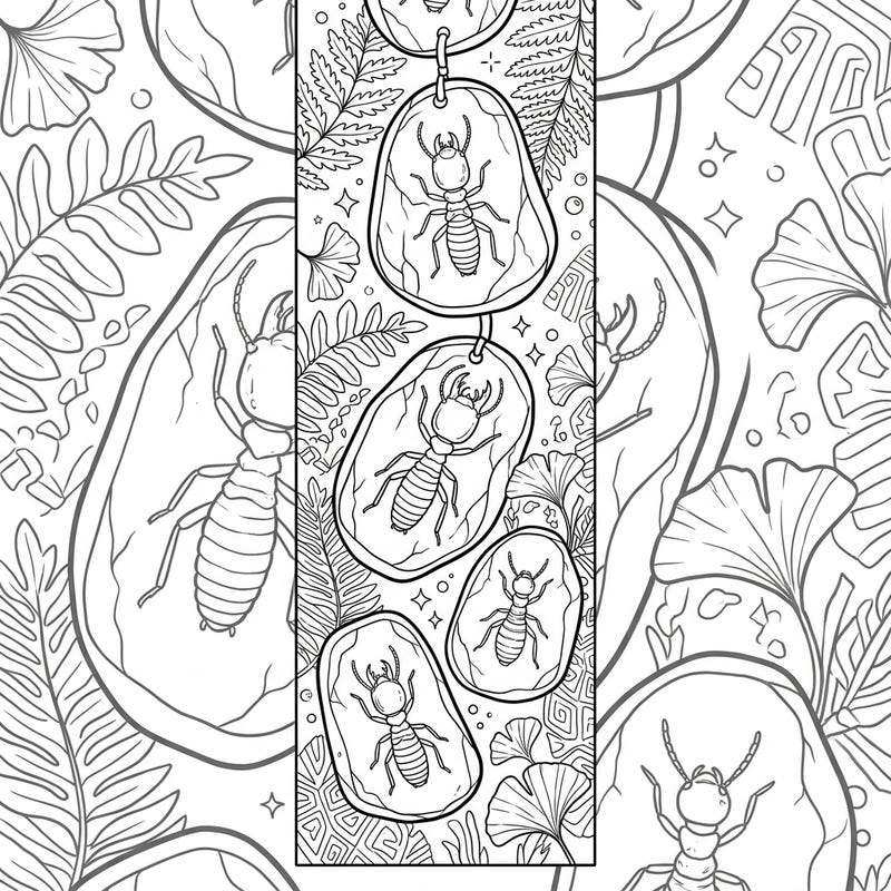 Embark on an archaeological adventure with this unique coloring page featuring fossilized termites perfectly preserved within amber. Designed as a functional bookmark, it's a perfect blend of ancient history and practical art, ready to hold your place in any book.