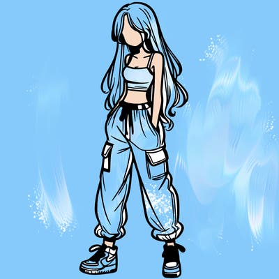 girl in baggy pants crop top and long hair