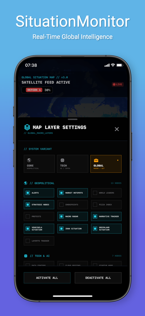 SituationMonitor - SituationMonitor app interface showing map layer configuration for geopolitical and tactical intelligence nodes