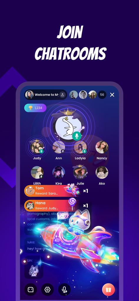 E-Pal: Your Kind Teammates - Interface of E-Pal app showing a social voice chatroom with user profiles and vibrant gift rewards.