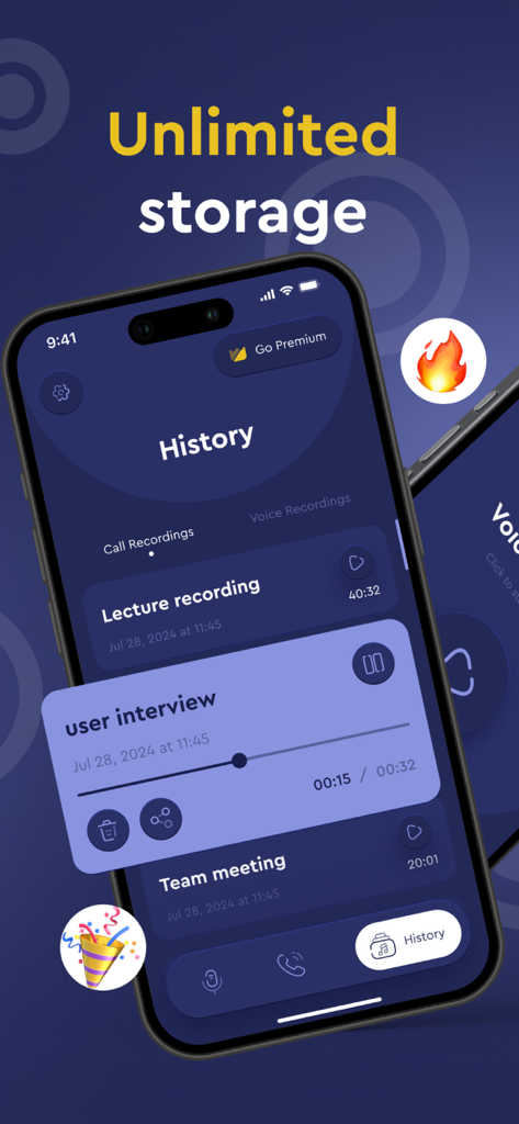 Interfaccia dell'app Registratore Chiamate che mostra la cronologia delle chiamate registrate e la funzione di archiviazione illimitata.